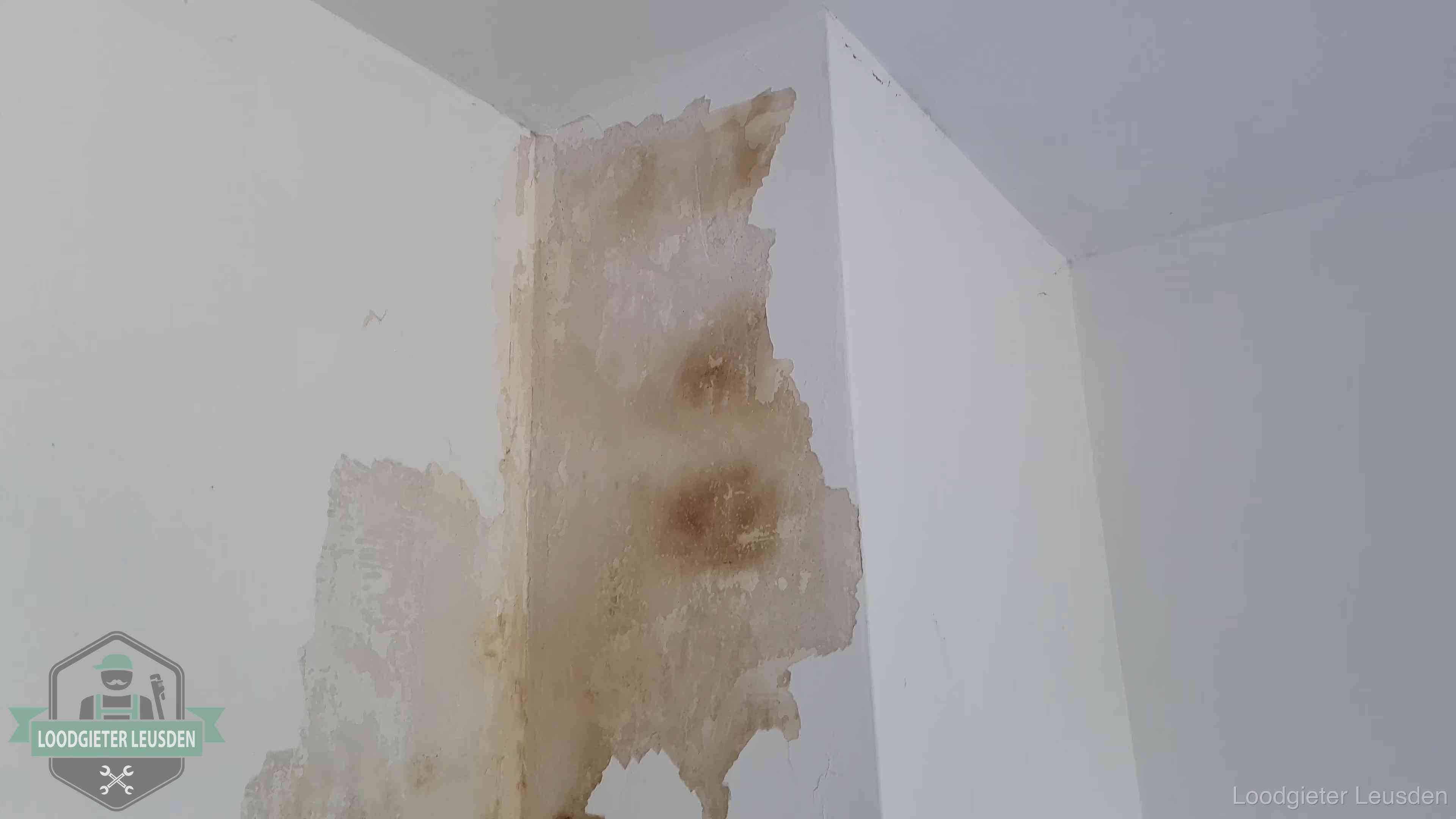 Bruine vochtkringen en afbladderend stucwerk op een binnenmuur in Leusden, een eerste teken van daklekkage