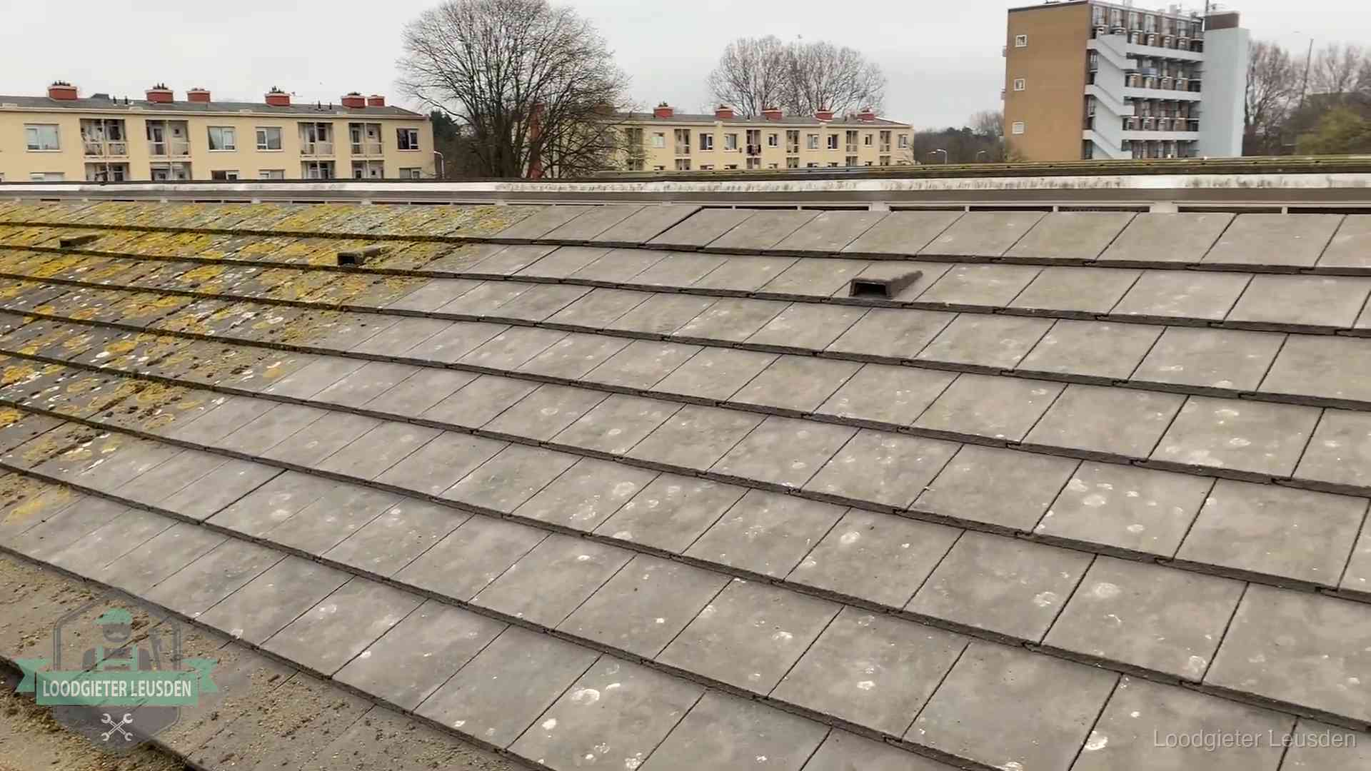 Schuin dak met betonpannen vol mos in Leusden, een risico op lekkage bij de pannen